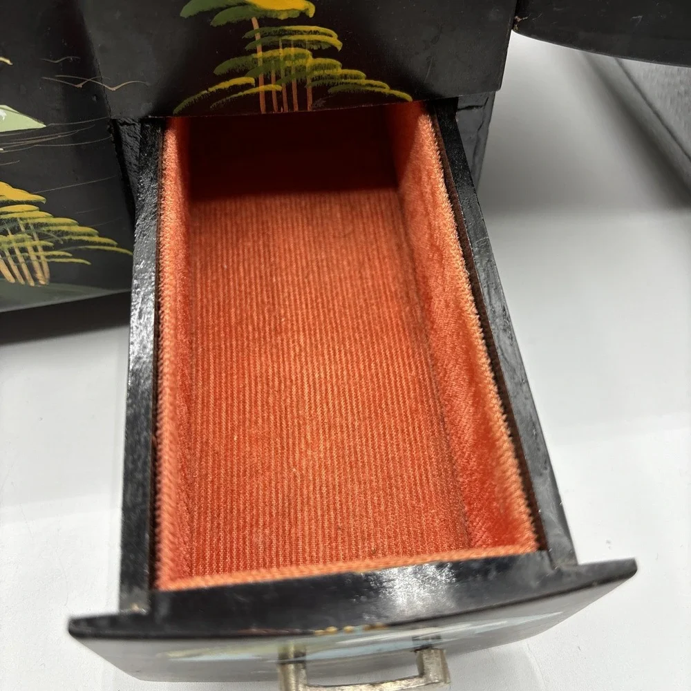 Vintage Japanese Black Lacquer Jewelry Music Box Painted Mountain Pagoda READ